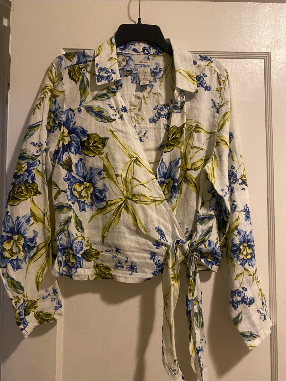 Joie White Floral Wrap Blouse with Blue & Green Print
